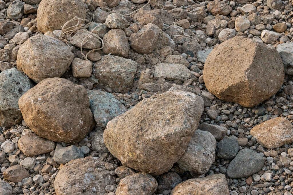 Mineralische Stoffe wie Gleisschotter vor der technischen Aufbereitung in einer Schotterwiederaufbereitungsanlage.