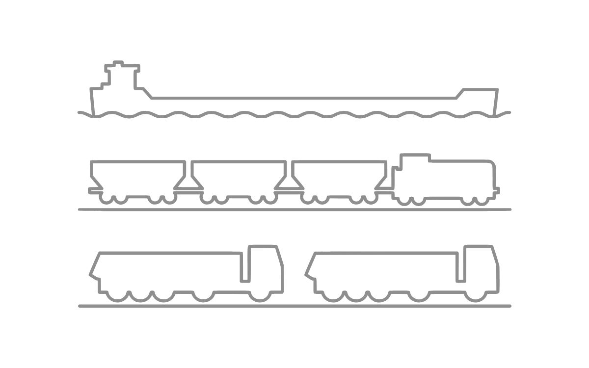 Icon mit Schiff, Güterzug und LKW zur Darstellung verschiedener Transportwege im Güterverkehr.