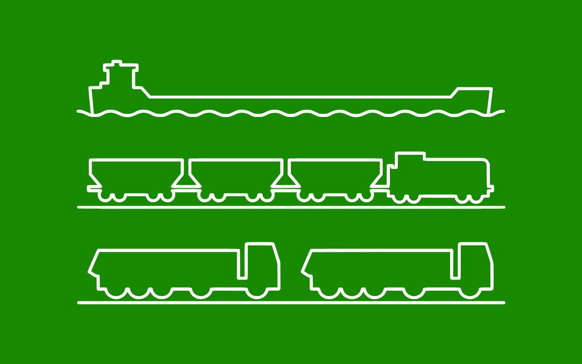 Grafische Darstellung von Transport per Schiff, Schiene und LKW als trimodale Logistiklösung.