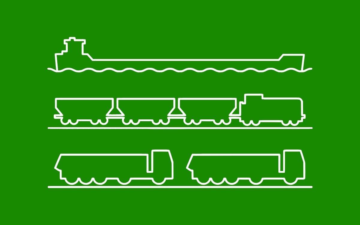 Grafische Darstellung von Transport per Schiff, Schiene und LKW als trimodale Logistiklösung.